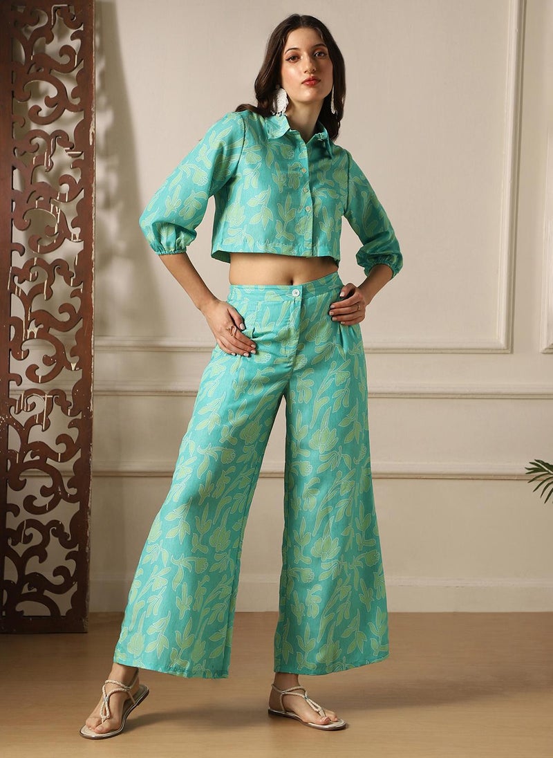Globus Women Blue Floral Print Bishop Sleeves Crop Shirt & Wide Leg Trousers Fusion Co-Ord Set - Image 1
